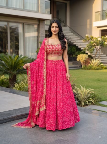 Elegant Pink Designer Printed Faux Georgette Navratri Lehenga with 4 Meter Flair Navratri Lehnega Choli