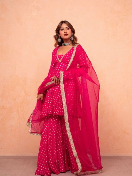 Elegant  Pink Jacquard Chanderi Sharara Set with Mirror Work for Festive Occasions Ready To Wear Suit