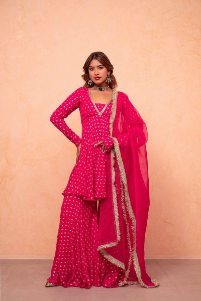 Elegant  Pink Jacquard Chanderi Sharara Set with Mirror Work for Festive Occasions Ready To Wear Collection