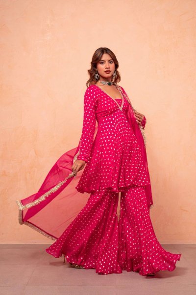 Elegant  Pink Jacquard Chanderi Sharara Set with Mirror Work for Festive Occasions Ready To Wear Collection