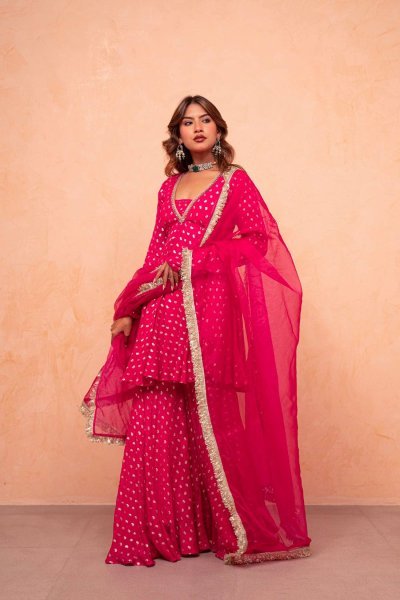 Elegant  Pink Jacquard Chanderi Sharara Set with Mirror Work for Festive Occasions Ready To Wear Collection