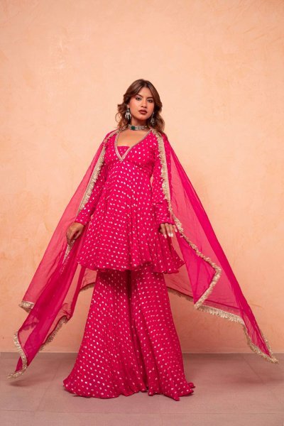 Elegant  Pink Jacquard Chanderi Sharara Set with Mirror Work for Festive Occasions Ready To Wear Collection
