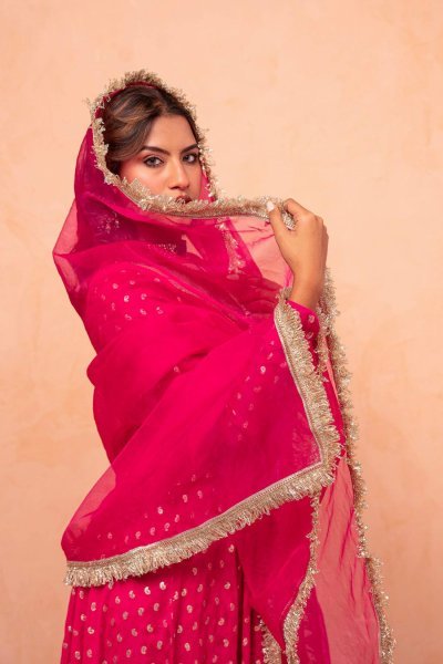 Elegant  Pink Jacquard Chanderi Sharara Set with Mirror Work for Festive Occasions Ready To Wear Collection