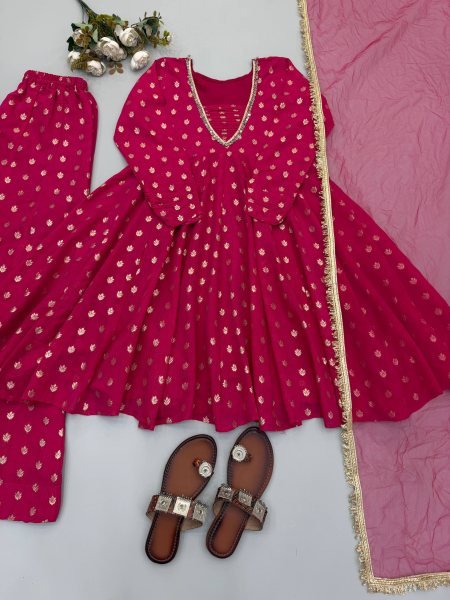 Elegant  Pink Jacquard Chanderi Sharara Set with Mirror Work for Festive Occasions Ready To Wear Collection