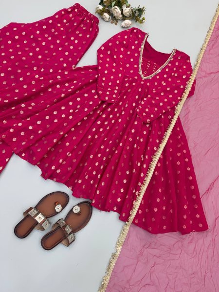 Elegant  Pink Jacquard Chanderi Sharara Set with Mirror Work for Festive Occasions Ready To Wear Collection