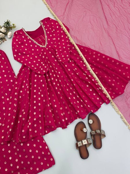 Elegant  Pink Jacquard Chanderi Sharara Set with Mirror Work for Festive Occasions Ready To Wear Collection