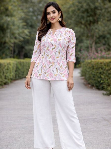 Elegant Pink Leaf Printed Rayon Slub Tunic with White Wide Leg Palazzo Pants Kurtis