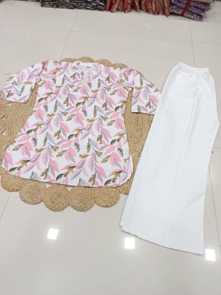 Elegant Pink Leaf Printed Rayon Slub Tunic with White Wide Leg Palazzo Pants CO ORD Sets