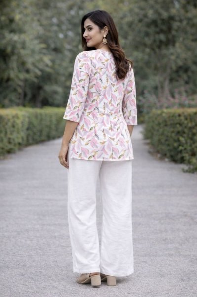 Elegant Pink Leaf Printed Rayon Slub Tunic with White Wide Leg Palazzo Pants CO ORD Sets