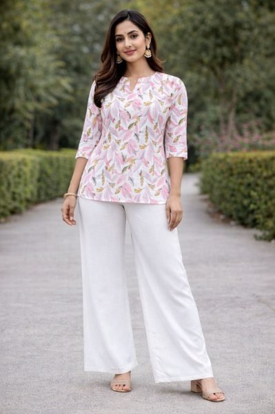 Elegant Pink Leaf Printed Rayon Slub Tunic with White Wide Leg Palazzo Pants CO ORD Sets