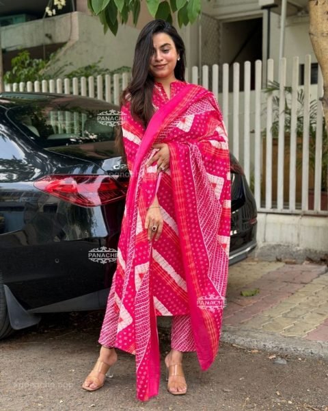 Elegant Pink Pure Cotton Traditional Lehriya Mix Bandhani Suit Set with Dupatta Cotton Kurtis Wholesale