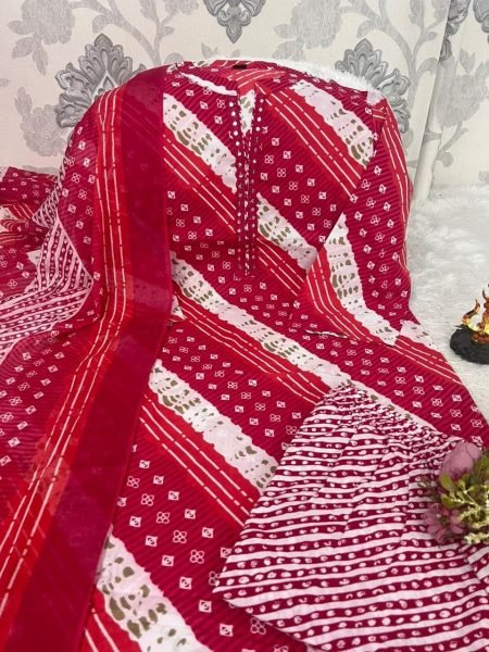 Elegant Pink Pure Cotton Traditional Lehriya Mix Bandhani Suit Set with Dupatta Cotton Kurtis Wholesale