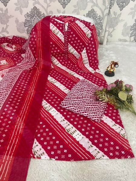 Elegant Pink Pure Cotton Traditional Lehriya Mix Bandhani Suit Set with Dupatta Cotton Kurtis Wholesale