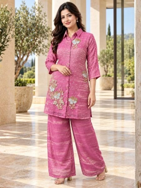 Elegant Pink Salsa Butti Co Ord Set for Women with Heavy Beads Work at Wholesale Rate 