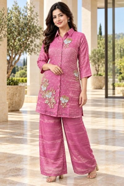 Elegant Pink Salsa Butti Co Ord Set for Women with Heavy Beads Work at Wholesale Rate CO ORD Sets