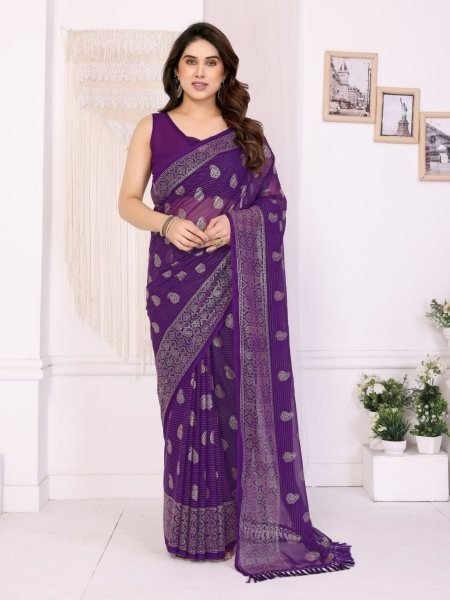 Elegant Plain Georgette Saree with Foil Detailing   Lace Finish