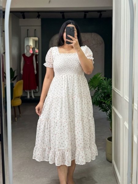 Elegant Plus Size Fox Georgette Midi Dress With Short Puff Sleeves for Women  Kurtis