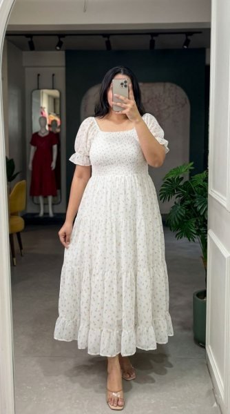 Elegant Plus Size Fox Georgette Midi Dress With Short Puff Sleeves for Women  Western Ladies Top Wholesale