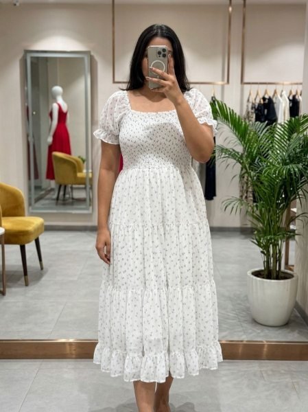 Elegant Plus Size Fox Georgette Midi Dress With Short Puff Sleeves for Women  Western Ladies Top Wholesale