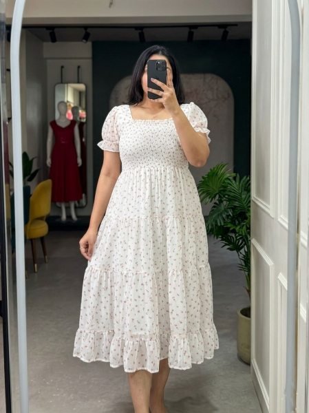 Elegant Plus Size Fox Georgette Midi Dress With Short Puff Sleeves for Women  Western Ladies Top Wholesale