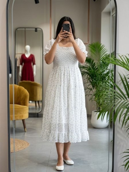 Elegant Plus Size Fox Georgette Midi Dress With Short Puff Sleeves for Women  Western Ladies Top Wholesale