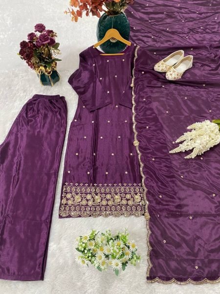 Elegant Premium Chinon Kurti Set 3Pc Ready to Wear with Bottom   Embroidered Dupatta Best Selling Ethnic Wear 3 Piece Kurti Set