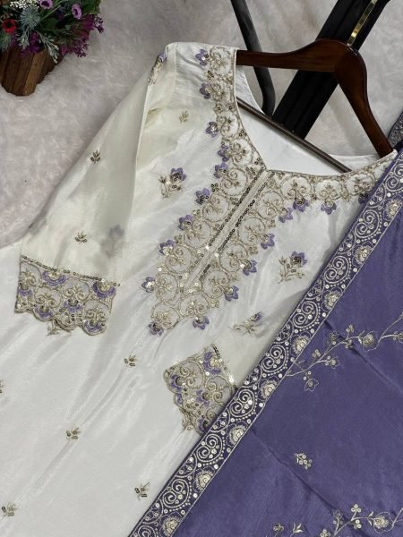 Elegant Purple Designer Chinon Silk Pakistani Sharara Suit with Heavy Embroidery For Festival Ready To Wear Collection