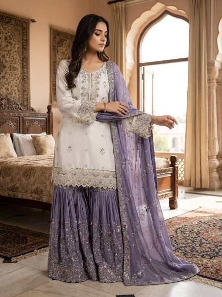 Elegant Purple Designer Chinon Silk Pakistani Sharara Suit with Heavy Embroidery For Festival Ready To Wear Collection