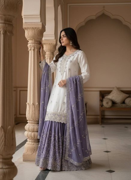 Elegant Purple Designer Chinon Silk Pakistani Sharara Suit with Heavy Embroidery For Festival Ready To Wear Collection