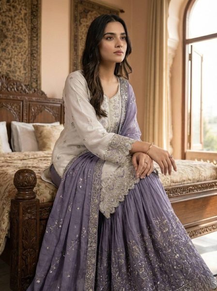 Elegant Purple Designer Chinon Silk Pakistani Sharara Suit with Heavy Embroidery For Festival Ready To Wear Collection