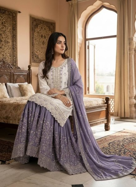 Elegant Purple Designer Chinon Silk Pakistani Sharara Suit with Heavy Embroidery For Festival Ready To Wear Collection
