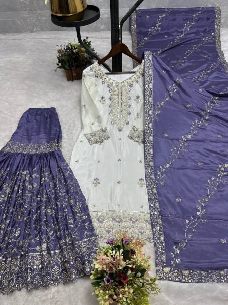 Elegant Purple Designer Chinon Silk Pakistani Sharara Suit with Heavy Embroidery For Festival Ready To Wear Collection