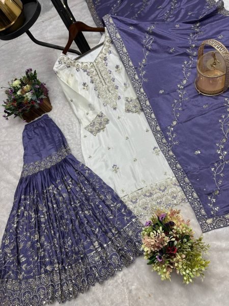 Elegant Purple Designer Chinon Silk Pakistani Sharara Suit with Heavy Embroidery For Festival Ready To Wear Collection