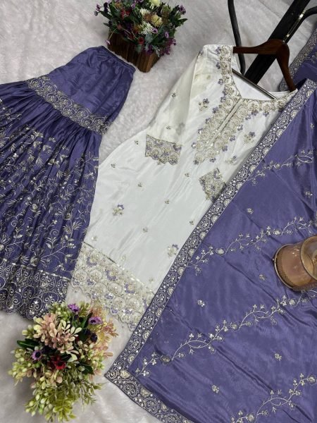 Elegant Purple Designer Chinon Silk Pakistani Sharara Suit with Heavy Embroidery For Festival Ready To Wear Collection
