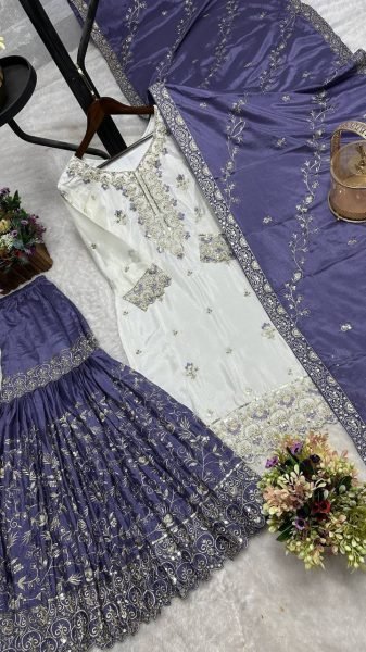 Elegant Purple Designer Chinon Silk Pakistani Sharara Suit with Heavy Embroidery For Festival Ready To Wear Collection