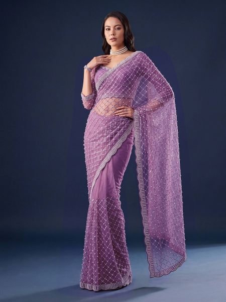 Elegant Purple Designer Net Saree with Matching Embroidered Unstitched Blouse 