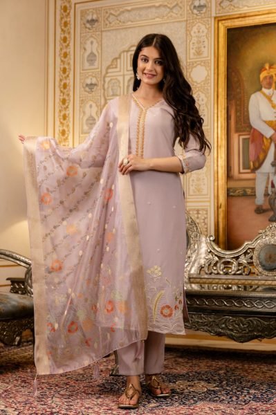 Elegant Purple Embroidered Fully Stitched Kurta Pant Set with Jacquard Organza Dupatta for Reseller   Straight Cut Long Kurtis