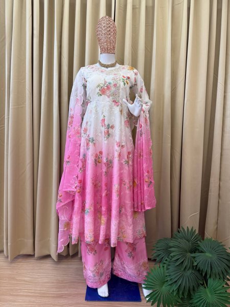 Elegant Purple Faux Georgette Embroidered Anarkali Set with Dupatta and Palazzo Ready To Wear Collection