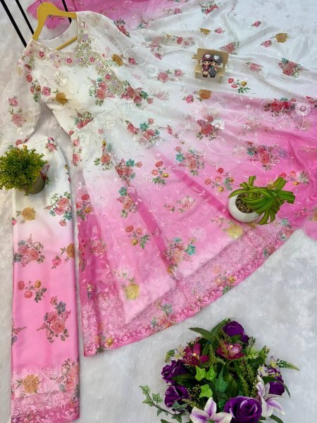 Elegant Purple Faux Georgette Embroidered Anarkali Set with Dupatta and Palazzo Ready To Wear Collection