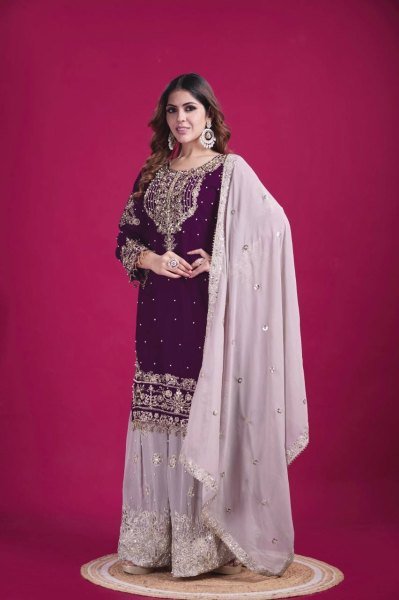 Elegant Purple Georgette Palazzo Suit with Dori & Rivet Work Ready to Wear Party Look Ready To Wear Collection