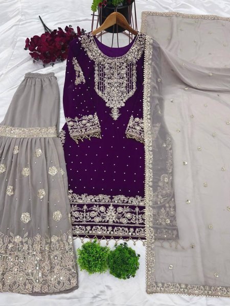 Elegant Purple Georgette Palazzo Suit with Dori & Rivet Work Ready to Wear Party Look Ready To Wear Collection