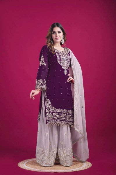 Elegant Purple Georgette Palazzo Suit with Dori & Rivet Work Ready to Wear Party Look Ready To Wear Collection