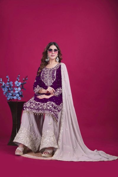 Elegant Purple Georgette Palazzo Suit with Dori & Rivet Work Ready to Wear Party Look Ready To Wear Collection