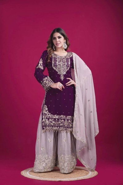 Elegant Purple Georgette Palazzo Suit with Dori & Rivet Work Ready to Wear Party Look Ready To Wear Collection