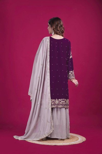 Elegant Purple Georgette Palazzo Suit with Dori & Rivet Work Ready to Wear Party Look Ready To Wear Collection