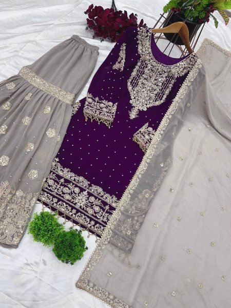 Elegant Purple Georgette Palazzo Suit with Dori & Rivet Work Ready to Wear Party Look Ready To Wear Collection