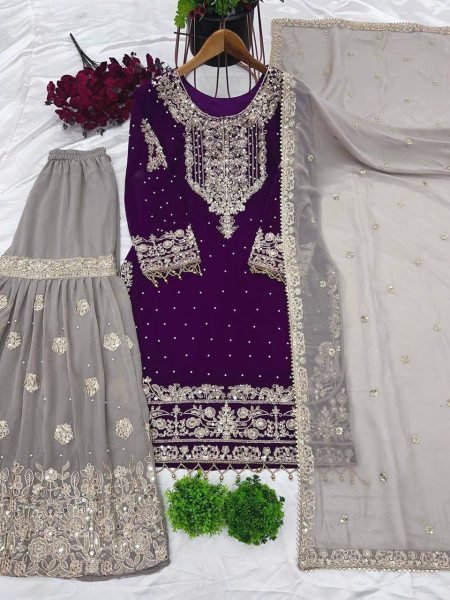 Elegant Purple Georgette Palazzo Suit with Dori & Rivet Work Ready to Wear Party Look Ready To Wear Collection