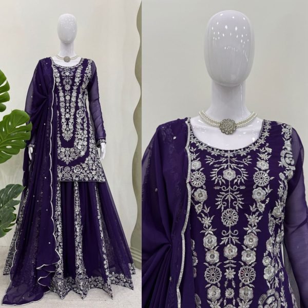 Elegant Purple Georgette Sharara Suit with Heavy Silver Embroidery Fully Stitched Partywear Ensemble Ready To Wear Collection