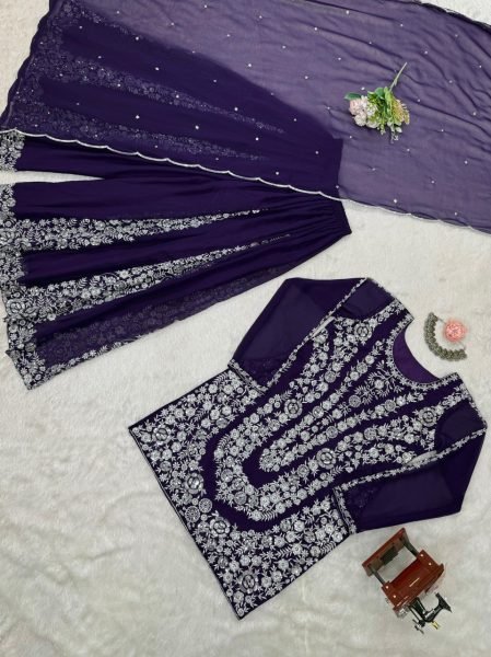 Elegant Purple Georgette Sharara Suit with Heavy Silver Embroidery Fully Stitched Partywear Ensemble Ready To Wear Collection