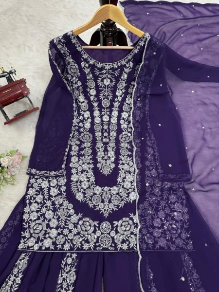 Elegant Purple Georgette Sharara Suit with Heavy Silver Embroidery Fully Stitched Partywear Ensemble Ready To Wear Collection